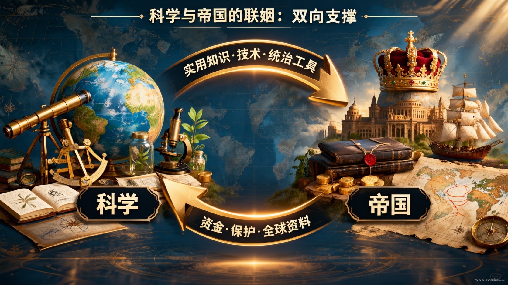 双向箭头示意图,左侧为“科学”,右侧为“帝国”